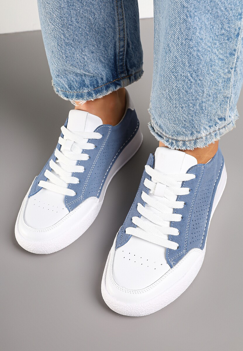 Niebieskie Sneakersy Zamszowe Ozdobione Perforacją ze Skórzaną Wkładką Ralnella