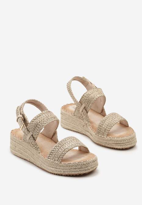 Ciemnobeżowe Sandały na Plecionej Podeszwie Zapinane Wokół Kostki na Sprzączkę Ioni