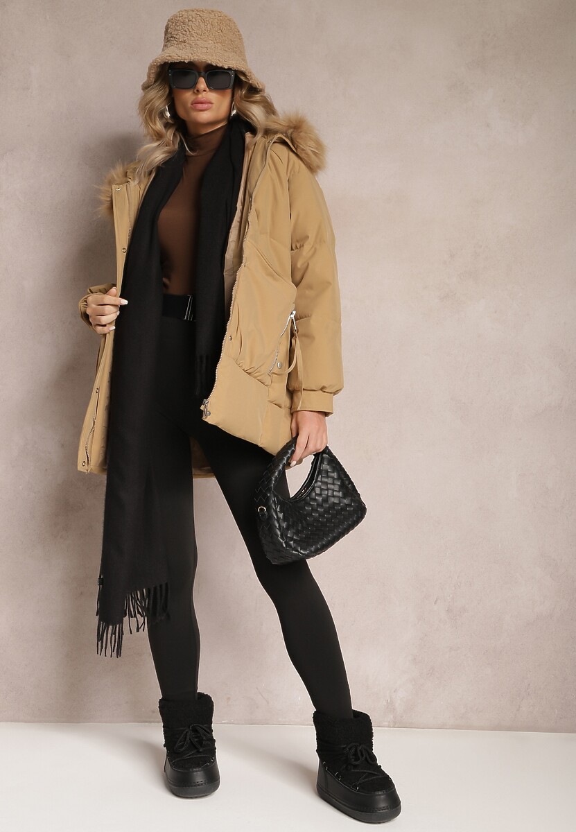 Beżowa Kurtka z Kapturem i Futerkiem Mastasa