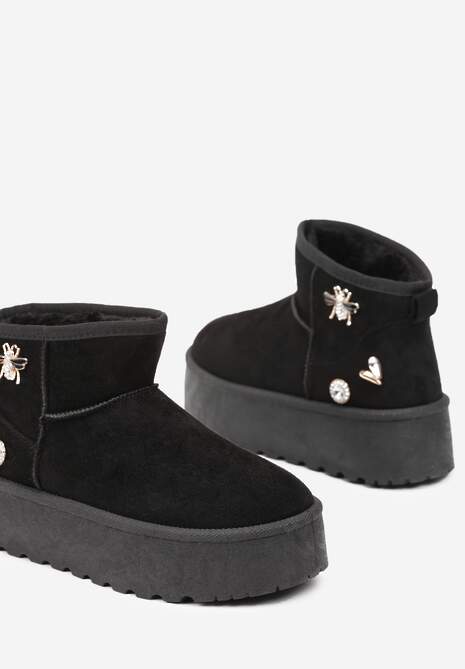 Czarne Śniegowce na Platformie Ozdobione Metalicznymi Aplikacjami Teccaria