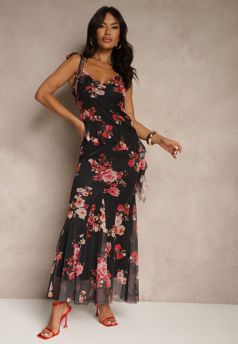 Czarny Komplet w Kwiatowy Wzór Spódnica i Top Zdobiony Falbanami i Wiązaniem Saraveira