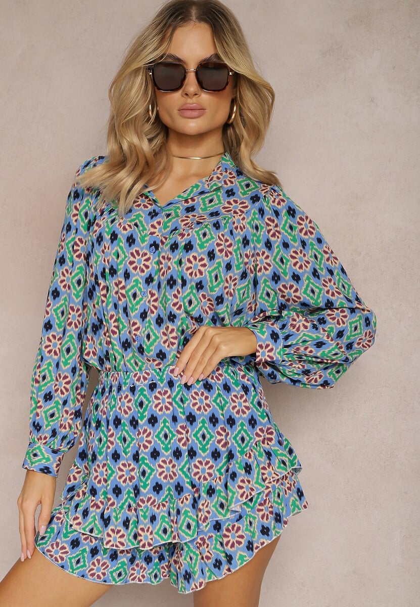 Niebiesko-Granatowa Wiskozowa Koszula z Bufiastymi Rękawami w Mozaikowy Print Telita