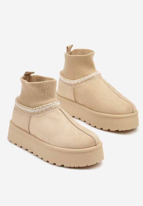 Beżowe Śniegowce na Platformie ze Skarpetową Cholewką Erevelis