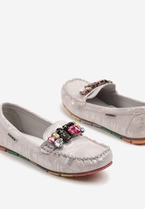 Srebrne Mokasyny z Wkładką ze Skóry Naturalnej i Cyrkoniami Zimora