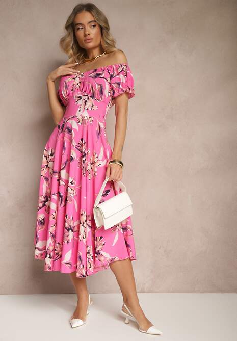 Fuksjowa Sukienka z Bawełną Rozkloszowana w Kwiatowy Print z Dekoltem Łódką Annirna
