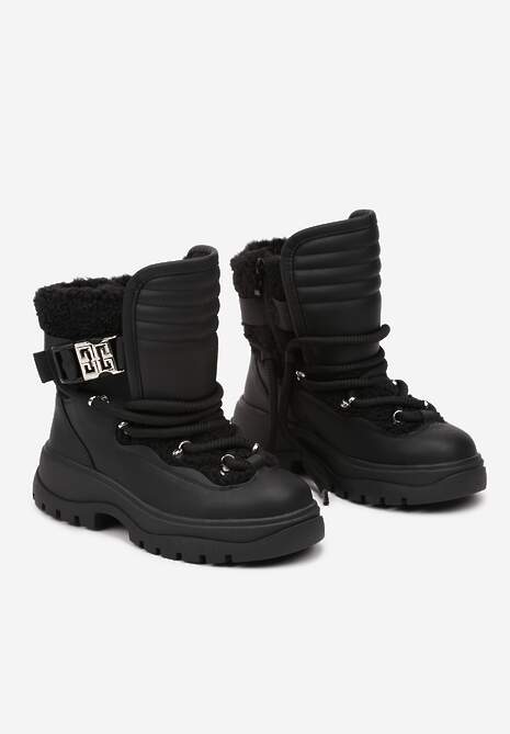 Czarne Śniegowce z Futrzaną Cholewką z Klamrą Zdobione Grubym Sznurowaniem Reanwenna