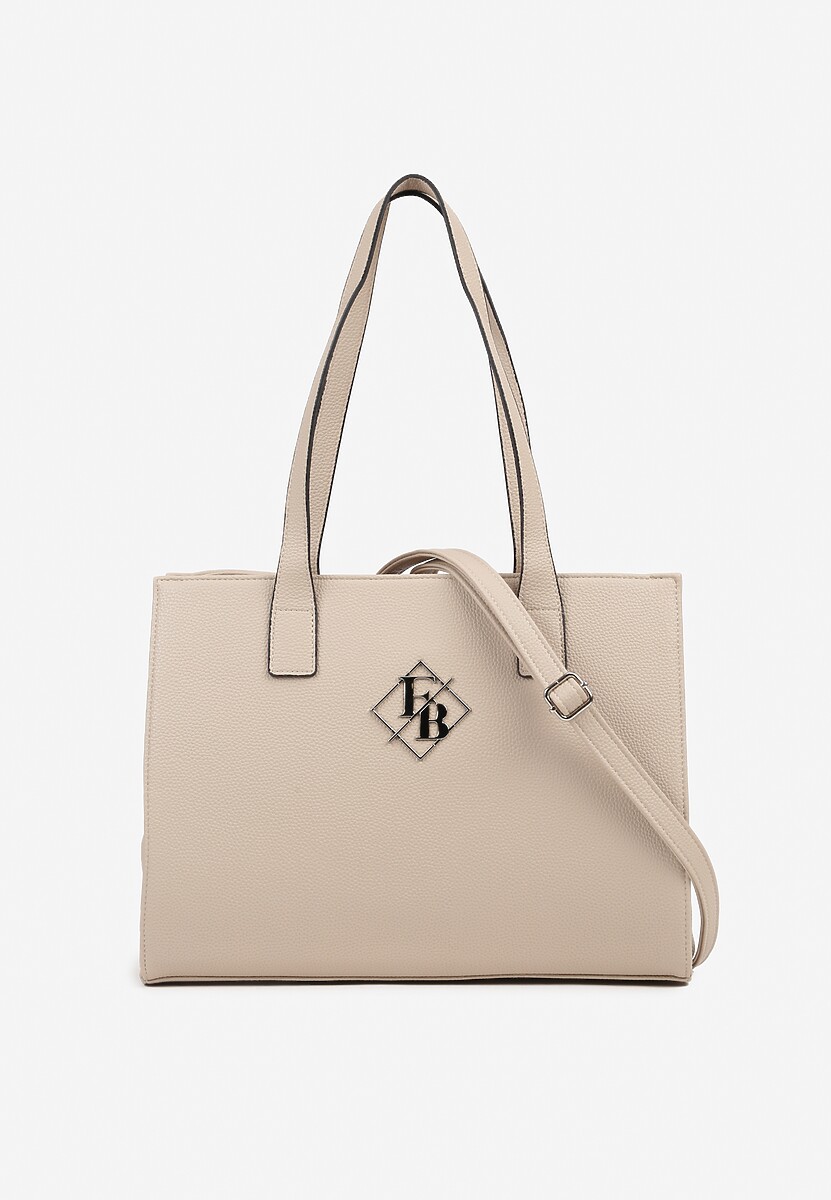 Beżowo-Szara Torebka w Stylu Shopperki  Ozdobione Metaliczną Aplikacją Honevia