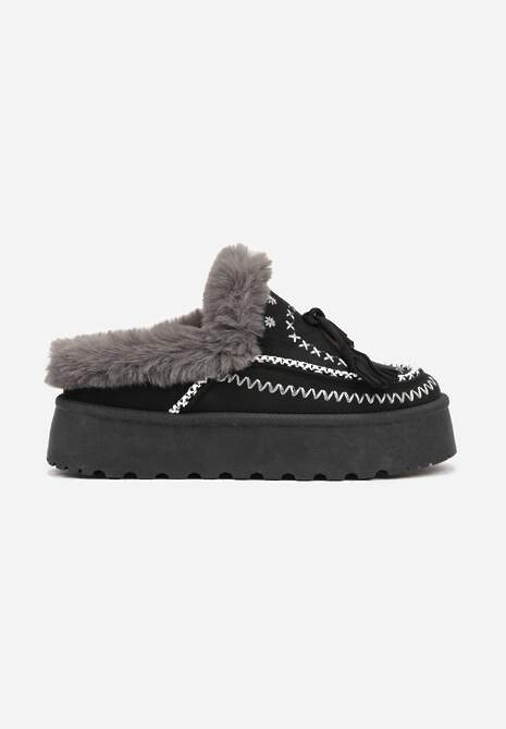 Czarne Śniegowce na Platformie Ozdobione Frędzlami i Haftem Ezivelle