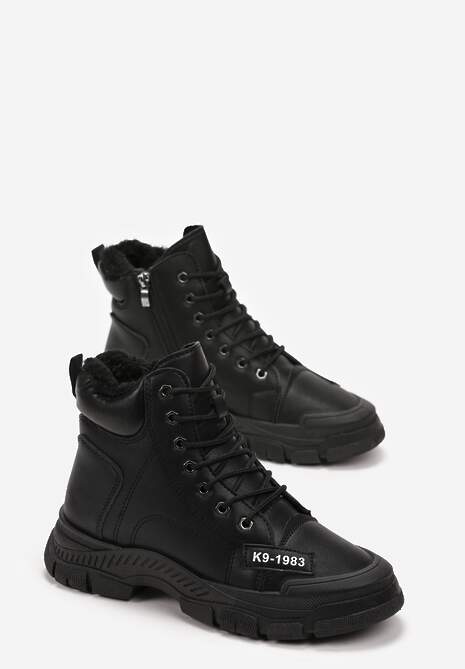 Czarne Wiązane Traperki na Grubej Podeszwie Mibraces