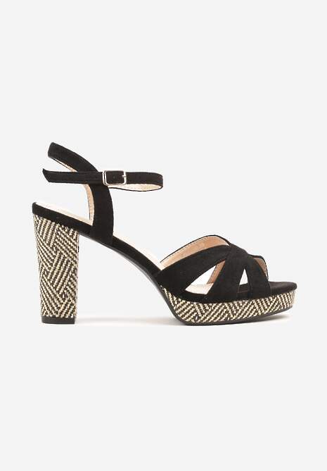Czarne Sandały na Słupkowym Obcasie o Tweedowej Fakturze Fodivira