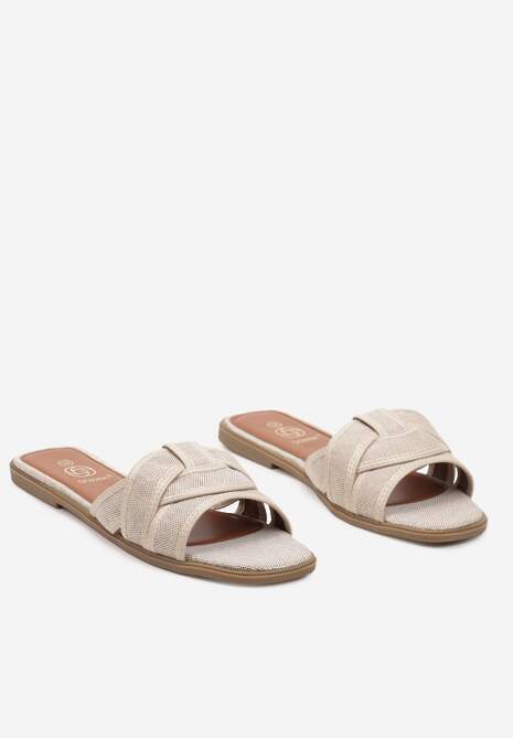 Beżowe Klapki na Płaskiej Podeszwie z Kwadratowym Noskiem Ozdobione Plecionką Nellienne