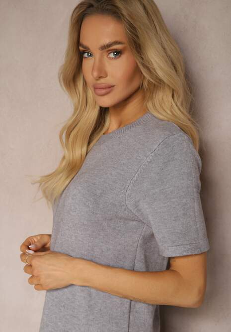 Szara T-shirtowa Sukienka z Wiskozowej Dzianiny z Ozdobnymi Guzikami Narossa