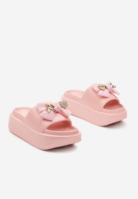 Różowe Klapki z Pianki na Platformie z Cyrkoniami Kokardą i Metaliczną Aplikacją Risamiria
