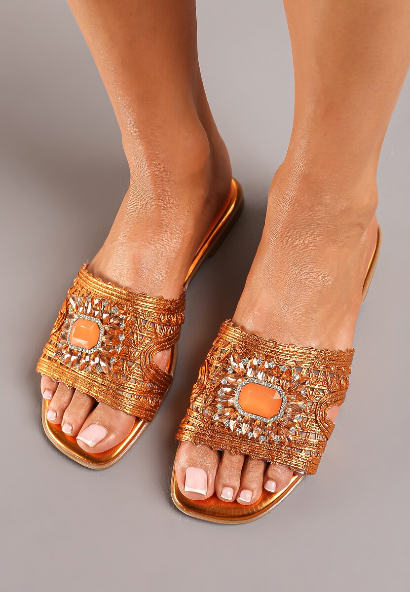 Pomarańczowe Klapki z Imitacji Skóry z Paskiem Ozdobionym Kamieniami Allmina