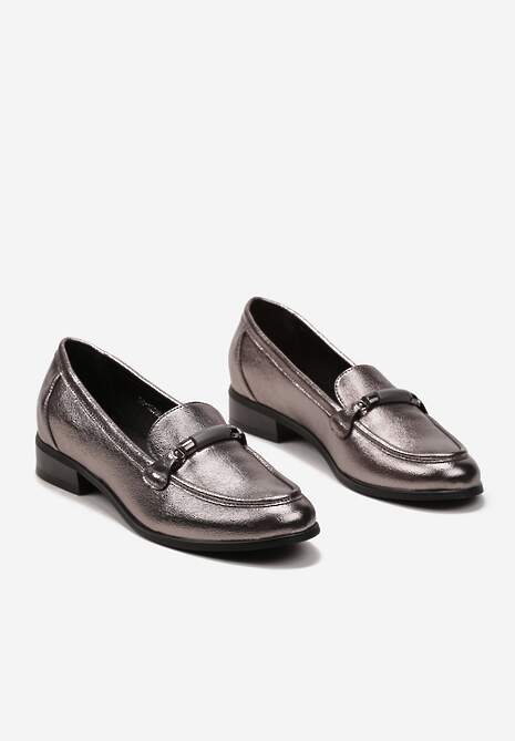 Szare Metaliczne Mokasyny Loafersy z Klamerką i Wkładką ze Skóry Naturalnej Vinterua
