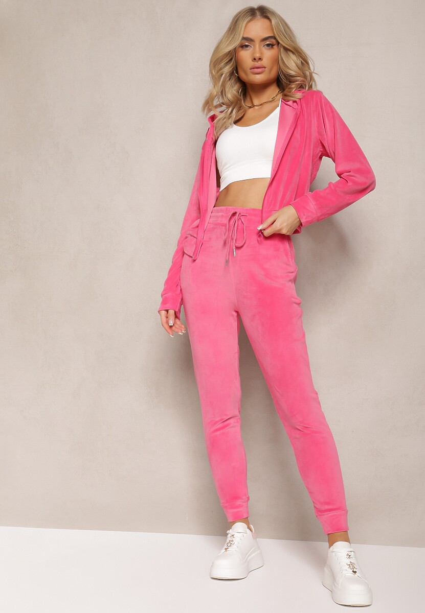 Czarny Dresowy Komplet z Weluru Spodnie i Bluza z Kapturem na Suwak Styrena