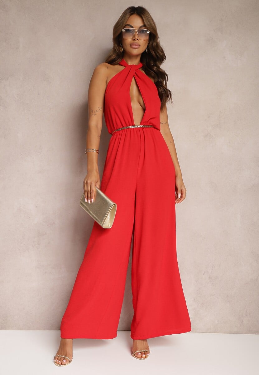 Czerwony Taliowany Kombinezon ze Ściągaczem w Talii i Wiązaniem przy Szyi Rivasiris