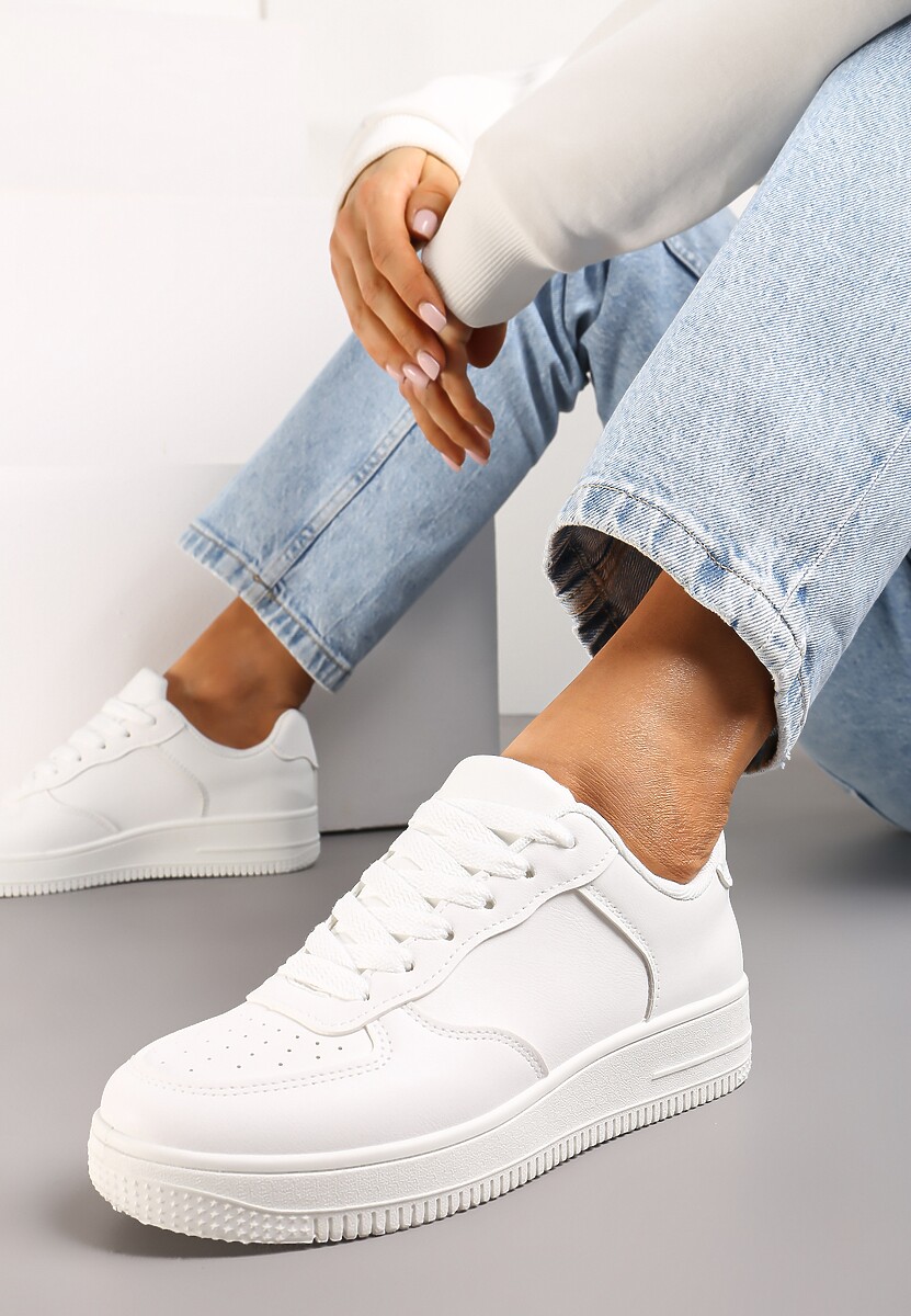 Białe Sneakersy ze Ekoskóry ze Sznurowaniem i Przeszyciami Borsana