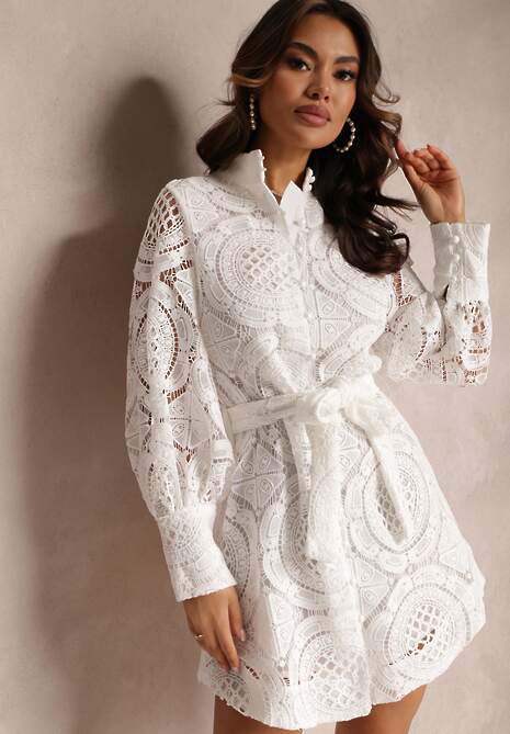 Biała Koszulowa Sukienka z Koronką Lenora