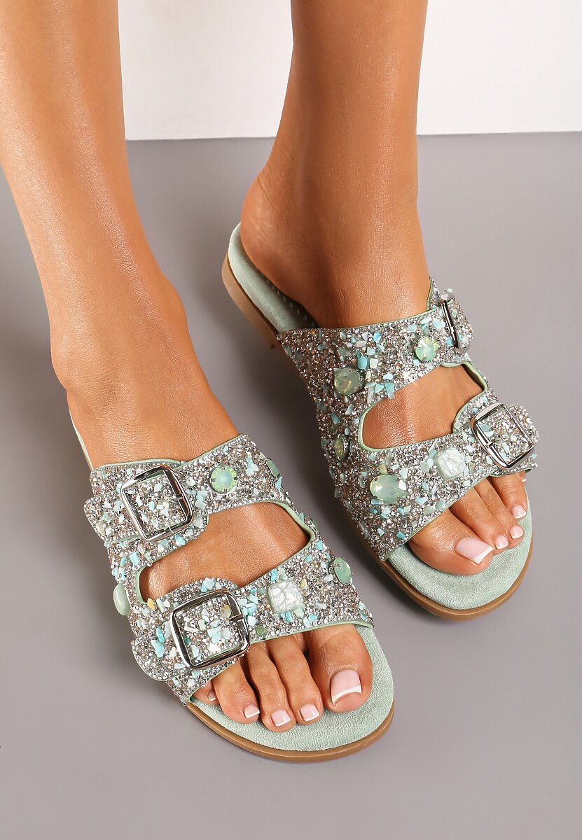 Zielone Klapki ze Sprzączkami Ozdobione Cyrkoniami i Kryształkami Elisnella