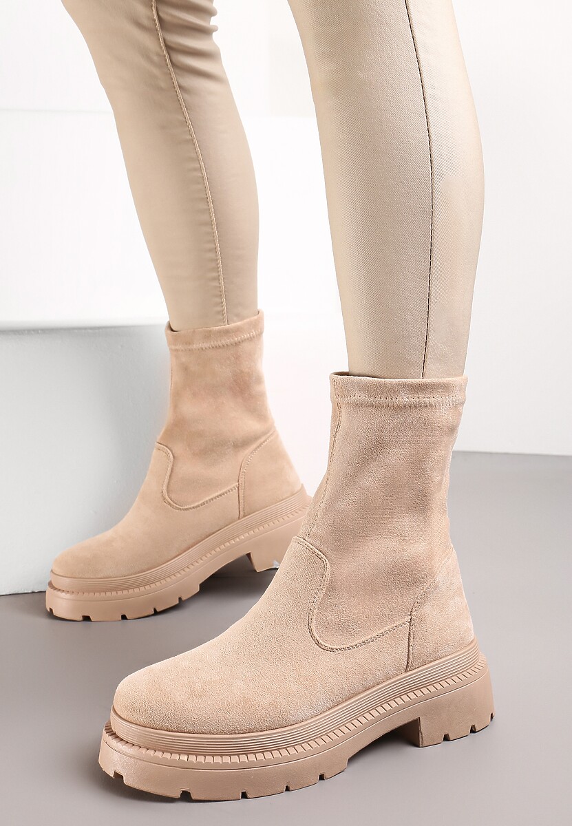 Beżowe Botki Sztyblety na Platformie Tersa