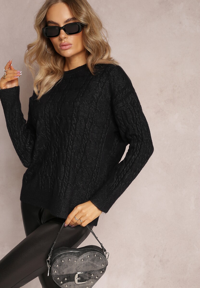 Szary Sweter z Okrągłym Dekoltem i Splotem w Warkocze Dawnitta