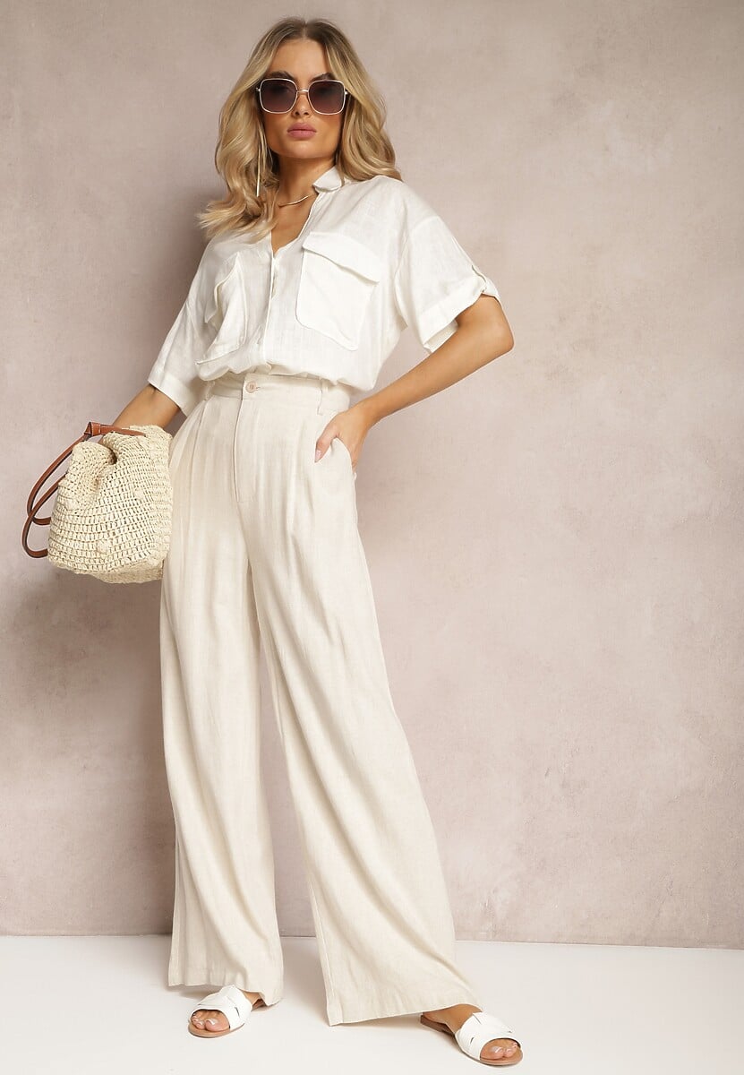 Ciemnozielone Szerokie Spodnie High Waist z Lnu i Wiskozy Apoises