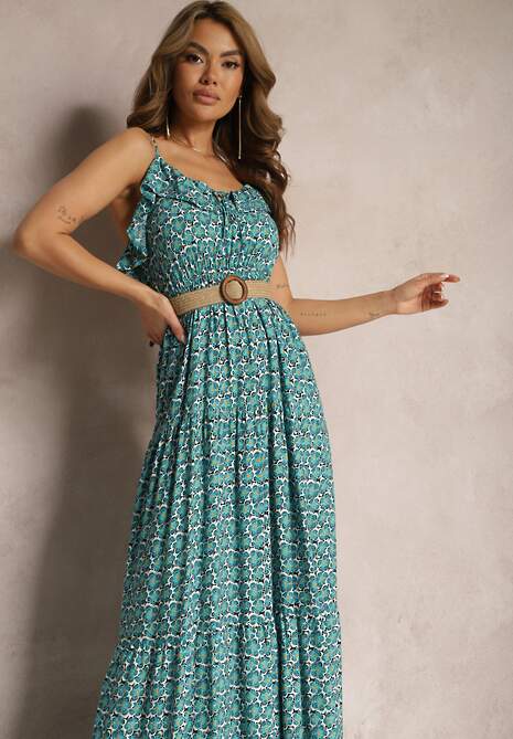 Niebieska Rozkloszowana Sukienka z Wiskozy na Regulowanych Ramiączkach Wrinesa