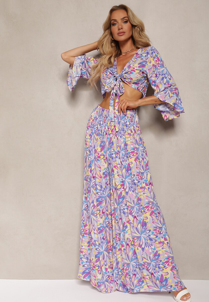 Niebiesko-Fioletowy Komplet z Bawełny Bluzka z Wiązaniem Spodnie Typu Palazzo z Gumką w Talii Ocadia