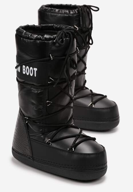 Czarne Wsuwane Śniegowce na Platformie z Wiązaniem i Ozdobną Taśmą Gorgona