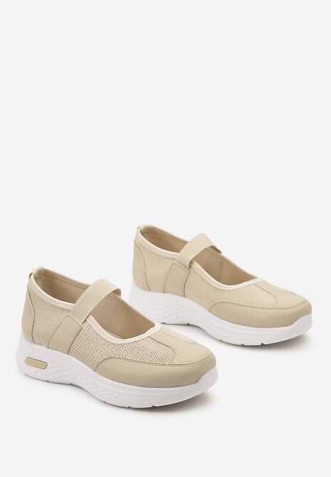 Ciemnobeżowe Tenisówki na Płaskiej Podeszwie z Perforacją i Elastyczną Wstawką Xolema