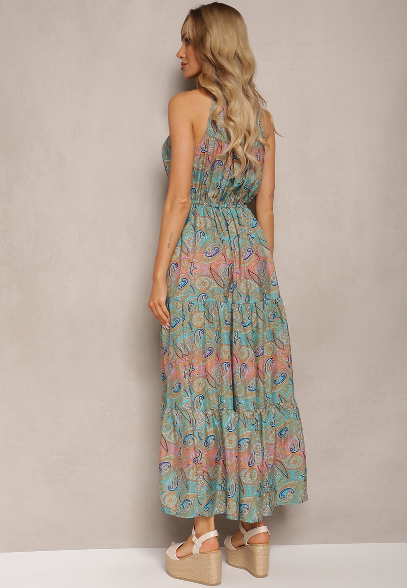Niebiesko-Zielona Sukienka w Stylu Boho Bez Rękawów z Gumką w Pasie i Wiązaniem przy Dekolcie Yisa