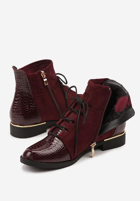 Bordowe Botki Trzewiki Vices Ozdobione Lakierowanymi Elementami Afridde