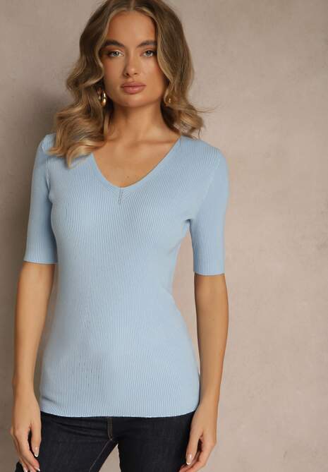 Niebieska Bluzka z Prążkowanej Dzianiny Unarese