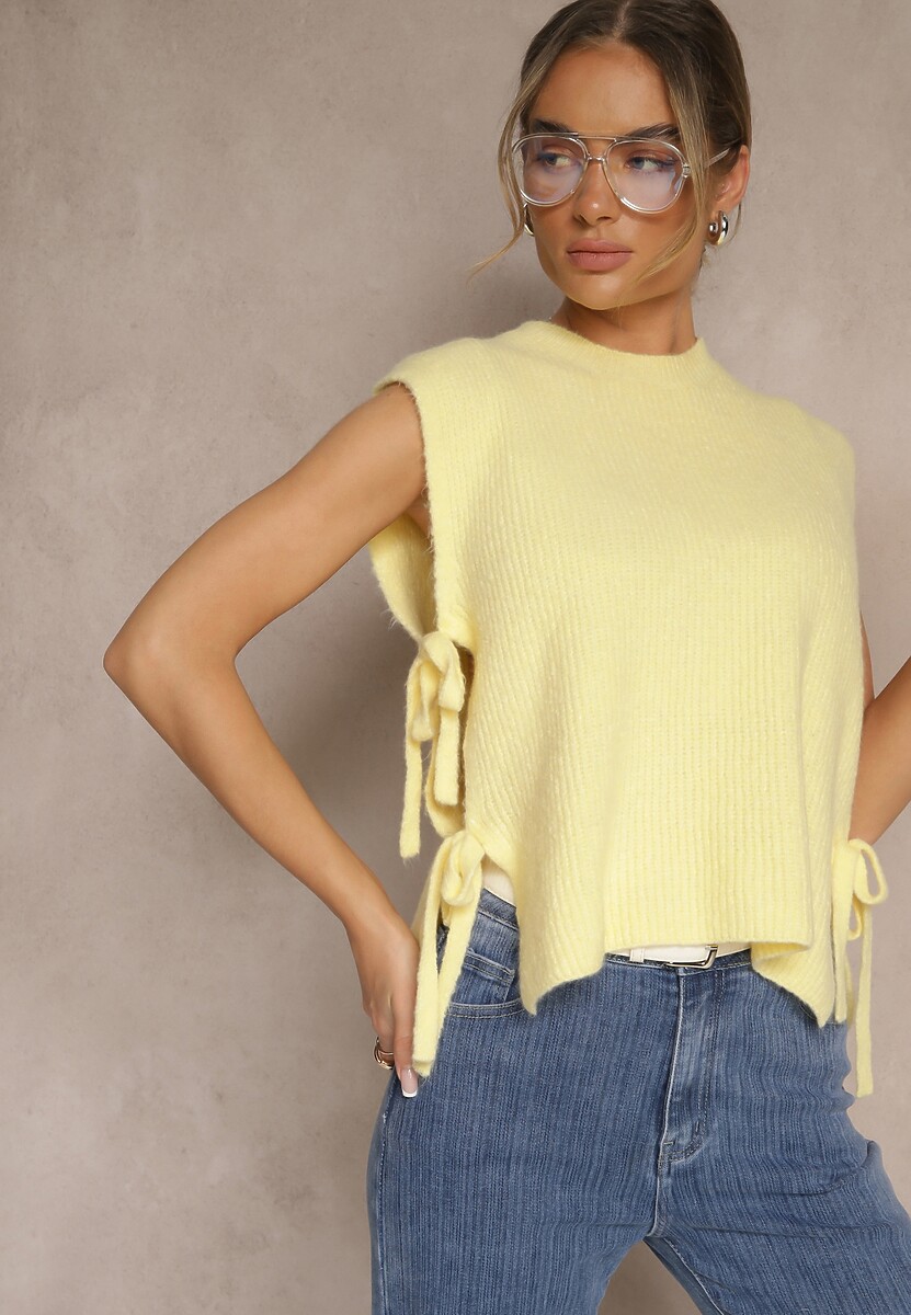 Żółta Kamizelka z Dzianiny z Wełną i Wiskozą Zdobiona Wiązaniami Annivoriae