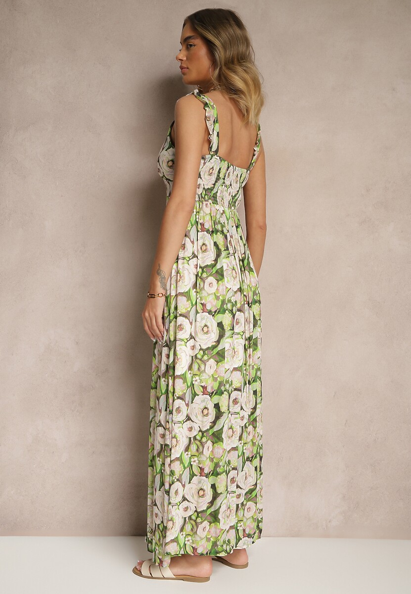 Zielono-Beżowa Wiskozowa Sukienka o Rozkloszowanym Kroju w Kwiaty Redalie