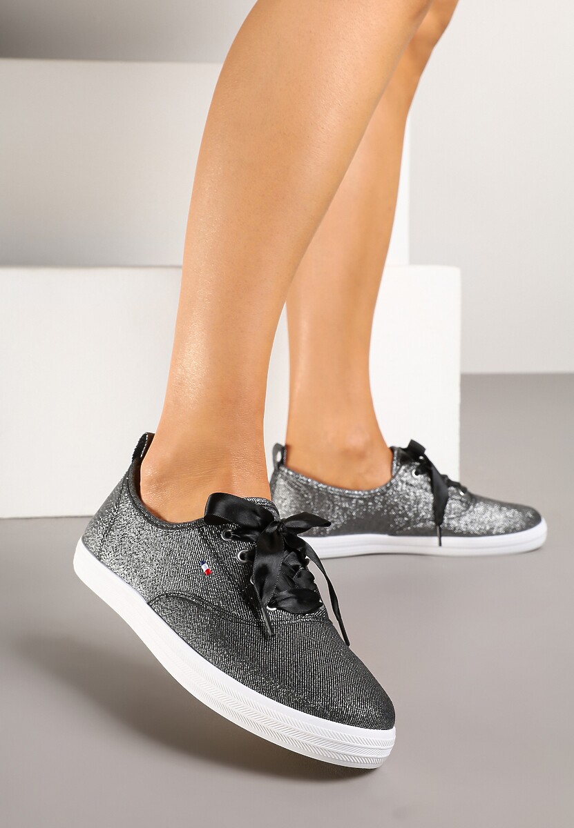 Srebrne Tenisówki Brokatowe z Ozdobnymi Sznurowadłami Palmena