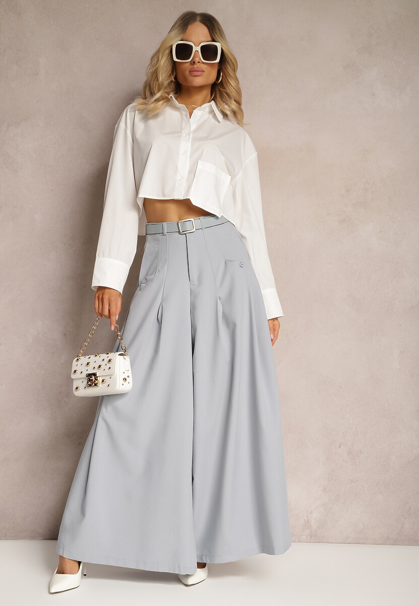 Szare Spodnie Typu Kuloty z Paskiem z Imitacji Skóry z Klamrą i Ozdobnymi Zakładkami Drisanda