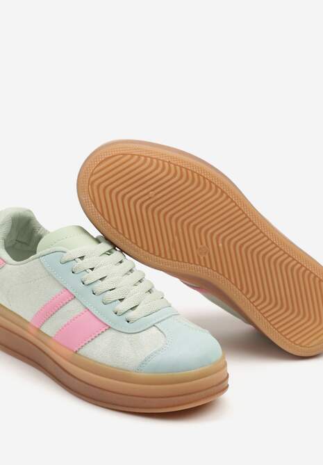 Jasnozielone Sneakersy na Płaskiej Podeszwie z Ozdobnymi Paskami Velali