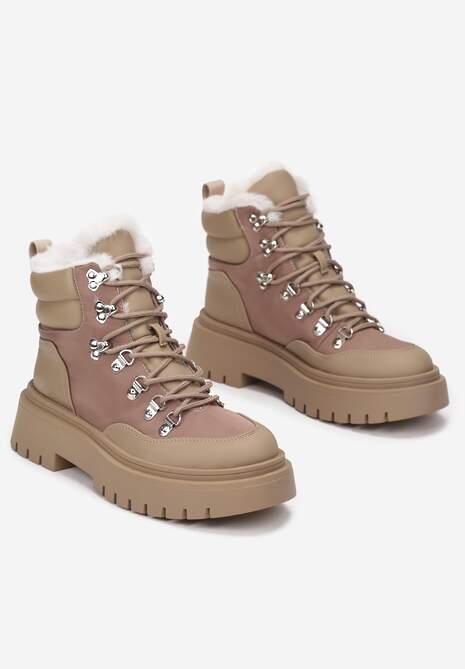 Ciemnobeżowe Traperki Sznurowane z Futerkiem Henna