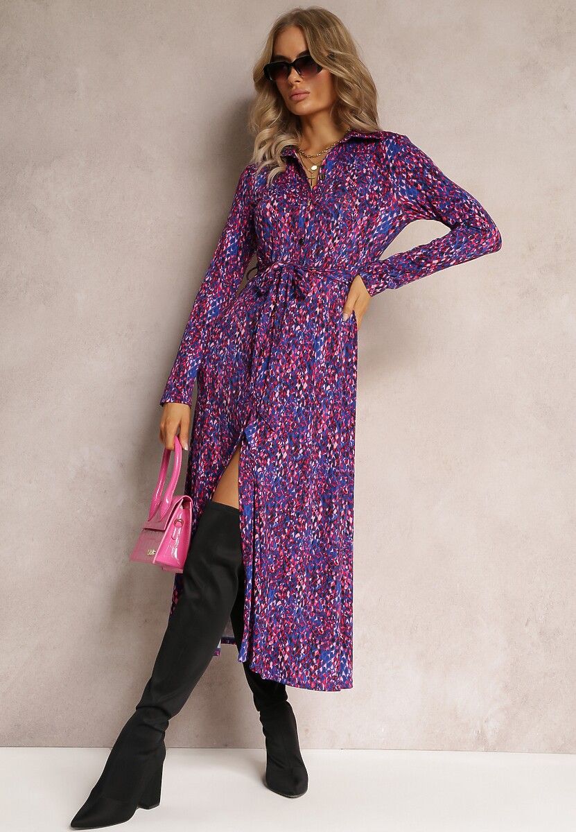 Fioletowo-Niebieska Sukienka Koszulowa z Wiązanym Paskiem i Długim Rękawem Malenie