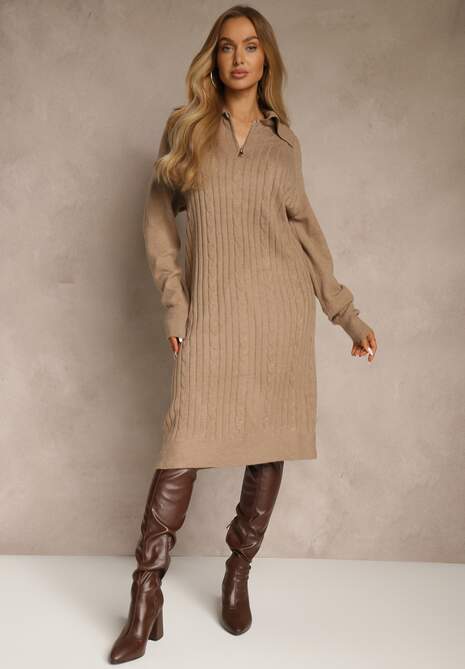 Beżowa Sweterkowa Sukienka z Bawełną i Wełną Ozdobiona Suwakiem Reinda