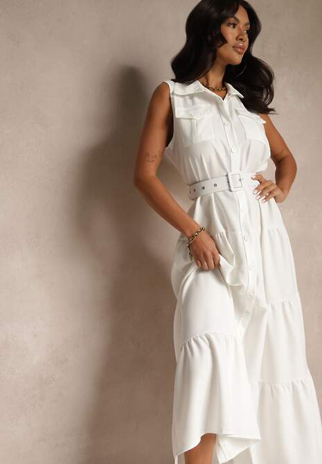 Biała Sukienka Koszulowa z Ozdobnymi Guzikami i Paskiem Maviosa