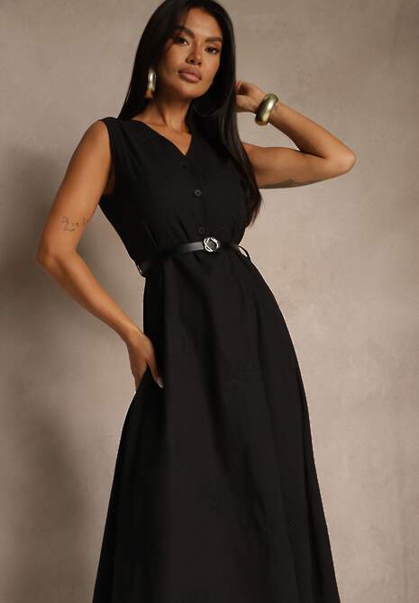 Czarna Rozkloszowana Sukienka z Wiskozą z Paskiem i Guzikami Ulisena