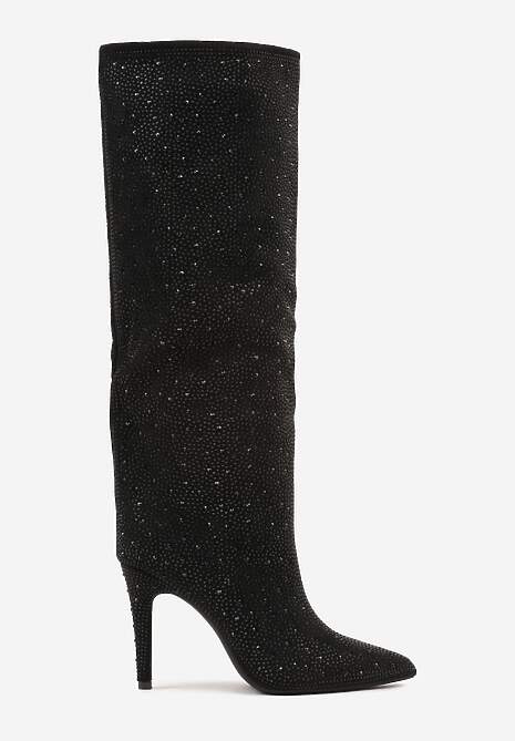 Czarne Kozaki Muszkieterki na Szpilce Ozdobione Cyrkoniami  Naladea