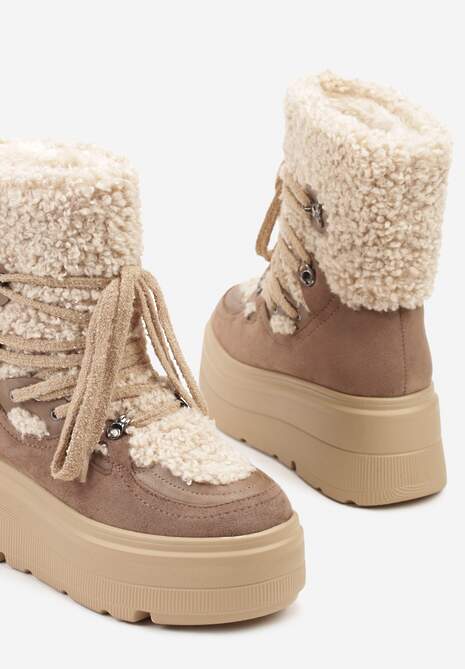 Beżowe Śniegowce na Grubej Podeszwie ze Sznurowaną Cholewką z Futerkiem Zerisa