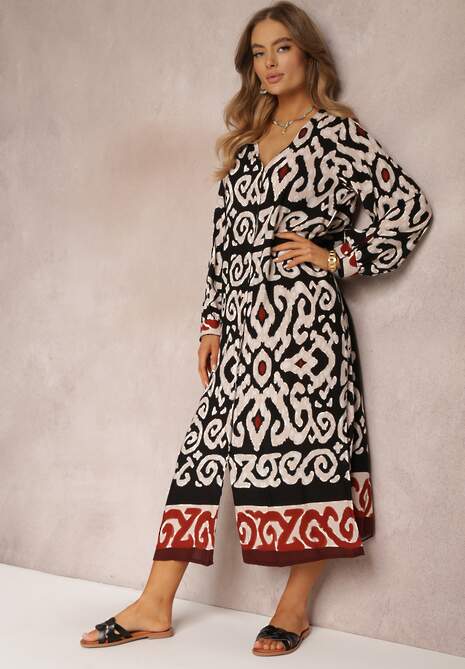 Czarna Sukienka Maxi z Rozporkami i Wsuwanymi Kieszeniami Ranno