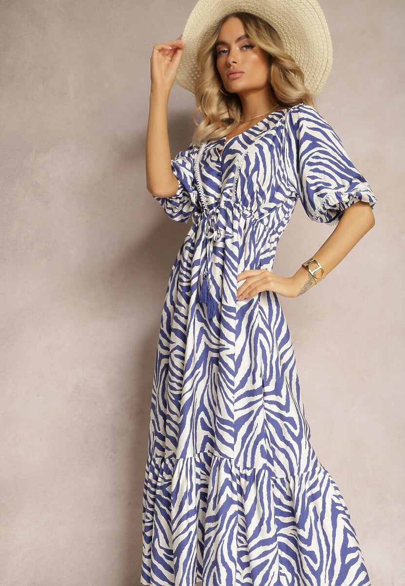 Granatowo-Biała Sukienka z Wiskozy i Bawełny Ozdobiona Falbaną i Sznurkiem w Pasie Vantia