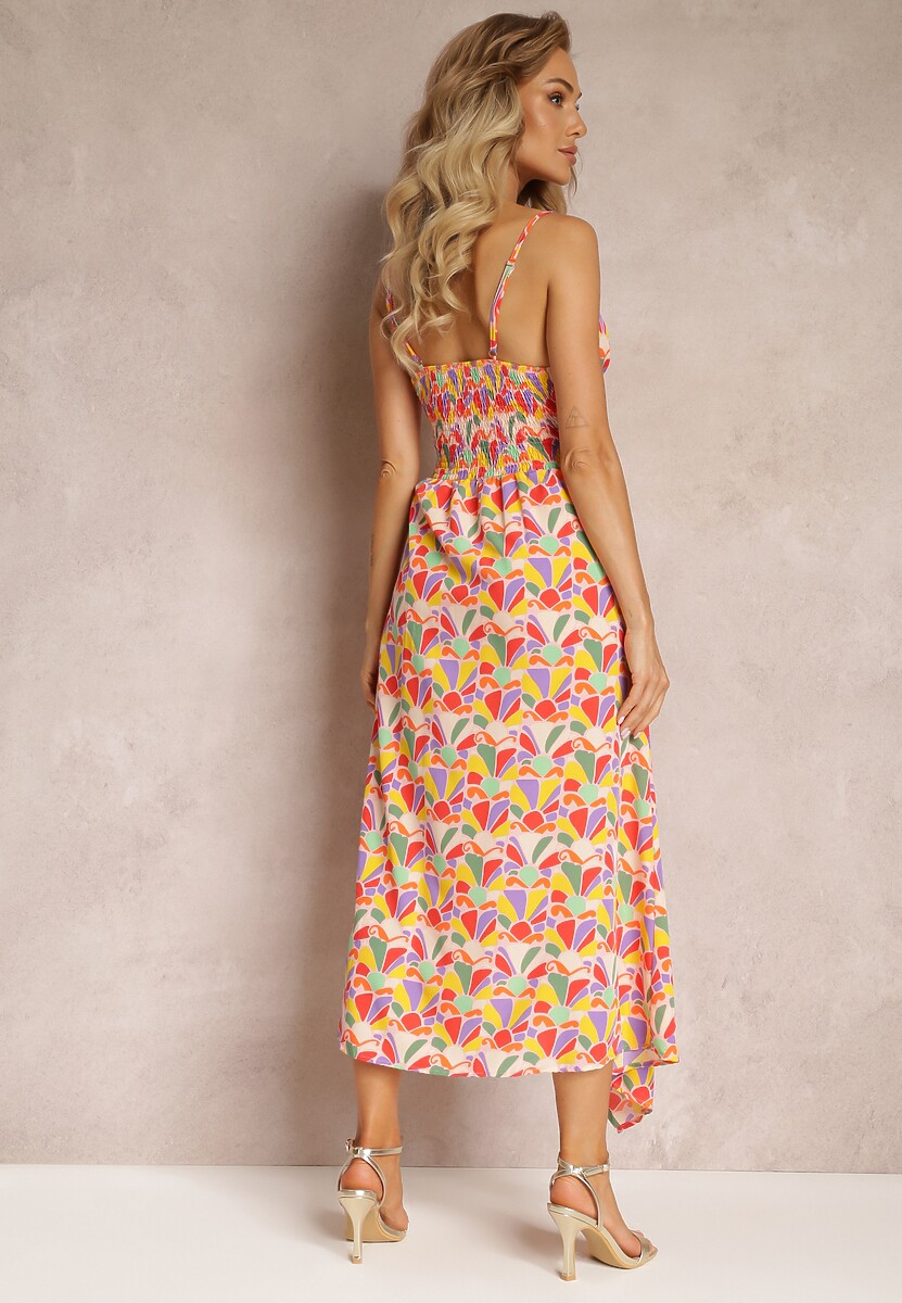 Różowo-Żółta Wzorzysta Sukienka Maxi na Ramiączkach z Gumkami na Plecach Zinela