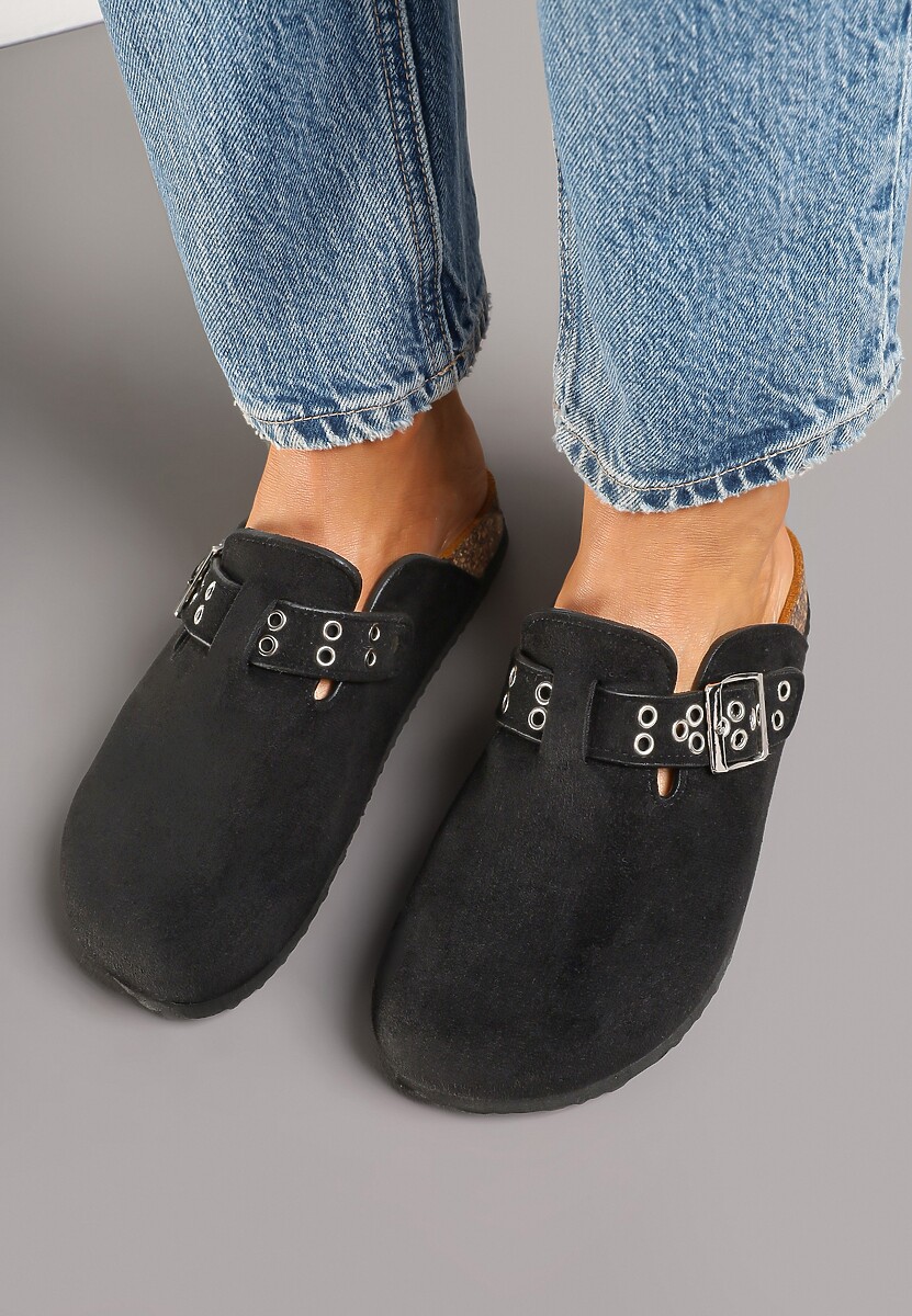 Czarne Klapki w Typie Muli Chodaków ze Sprzączką Lanelita